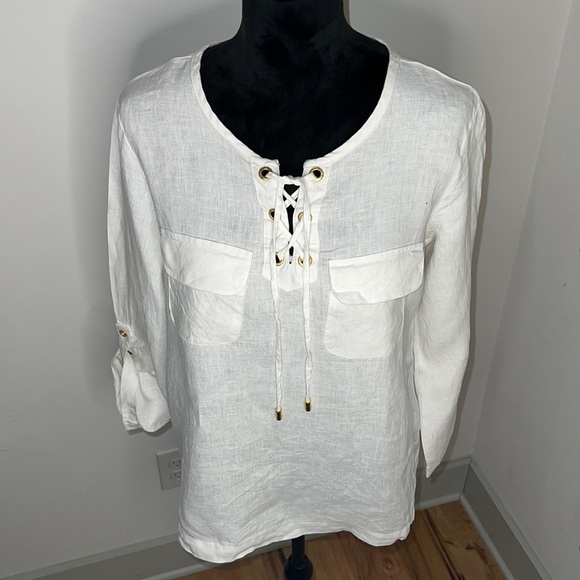 Ellen Tracy Company 100% Linen natural ivory tunic top Sz S lace up - Picture 3 of 11